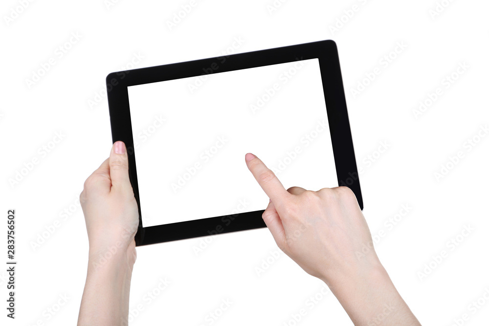 Tablet computer in female hands isolated on white background Tablet computer in female hands isolated on white background