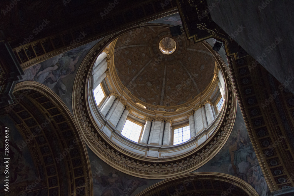 Inside view of dome, interior view of Sant'Ambrogio e Carlo al Corso Church, Rome, Italy.