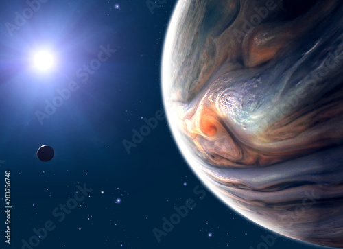 Jupiter and moon  satellite view of the planet and sun. View of a satellite orbiting the planet. 3d render. Element of this image are furnished by NASA