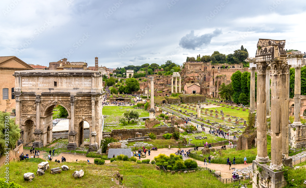 View to ancient ruins from Capitoline Museums in Rome, Italy.