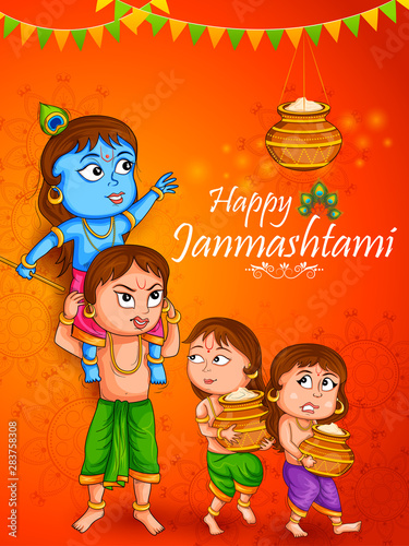 Kanha stealing makhan  cream  with Sudama and Balrama on Krishna Janmashtami background in vector