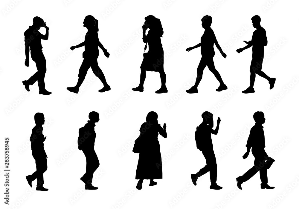 Obraz premium Black men and women on white background, Silhouette people walking vector set