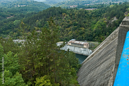 View of the old small hydro power plant and Topolnitsa dam on the river Topolnitsa near village Muhovo, Ihtiman region, Bulgaria, Europe 