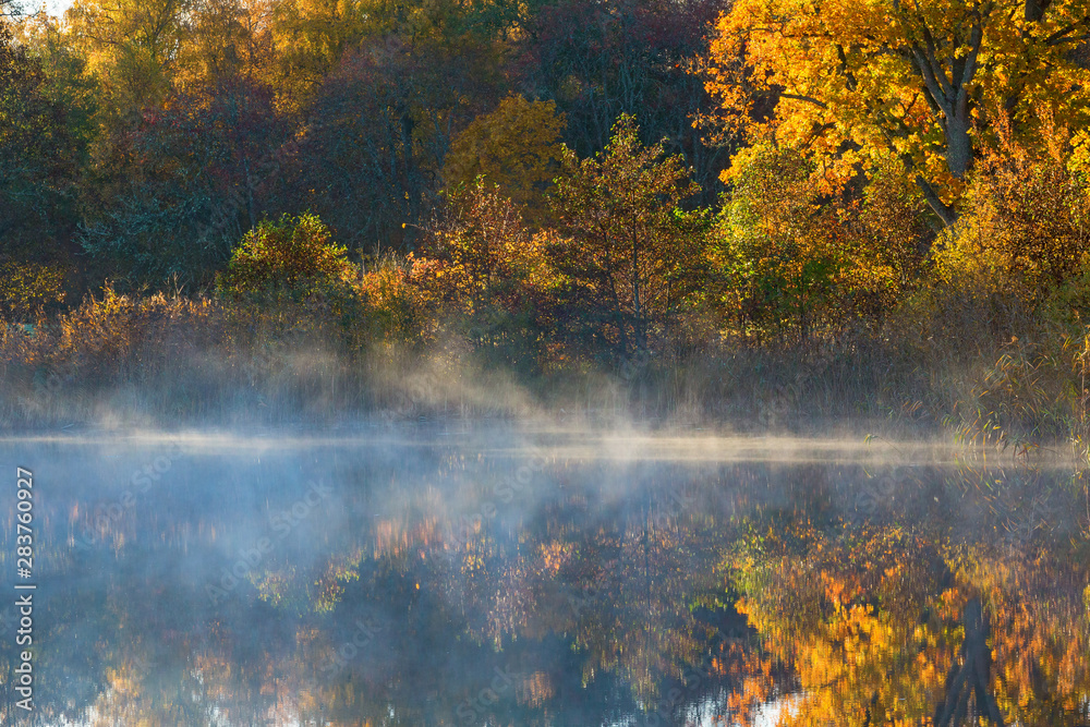 Morning fog at the waters edge and the autumn colors in the forest
