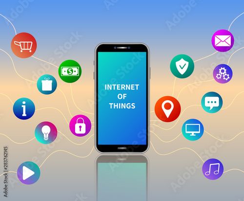 IOT web banner. Wireless network and communication technology. Internet of things. Smartphone on table with colorful social media app icons connected by lines