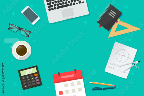 Working table and education or school objects and copy space for text vector, flat cartoon lay of desk top view with laptop computer, phone and coffee cup, study or learning workplace background image