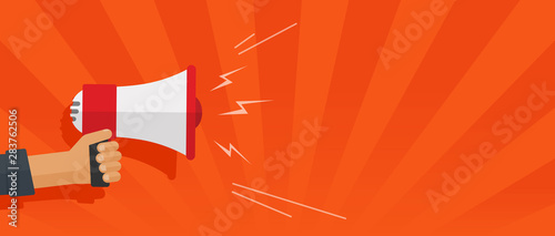 Loudspeaker or megaphone in hand shouting vector illustration, flat cartoon hand holding bullhorn with loud sound announcement and text or copy space template