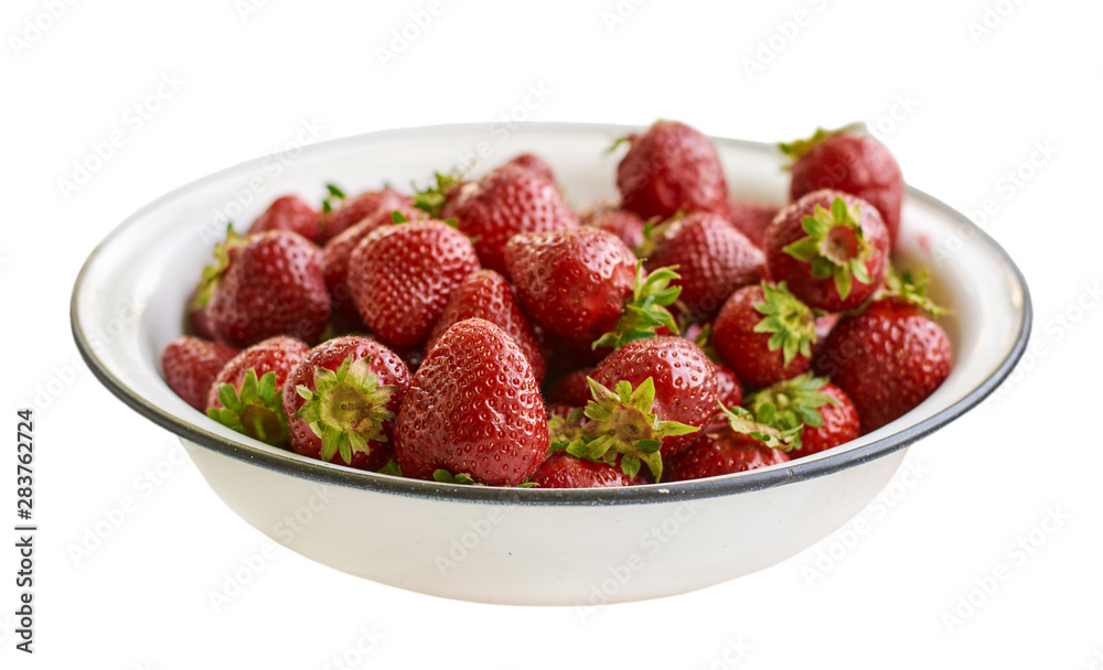 Red fresh strawberry in a white bowl isolated on white background Red fresh strawberry in a white bowl isolated on white background