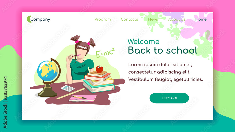 Landing page template. Cute girl studying at school. School supplies on desk. Bright vector illustration concept for websites