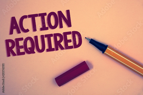 Conceptual hand writing showing Action Required. Business photo showcasing Important Act Needed Immediate Quick Important Task Words yellow background open blue yellow pen message letter