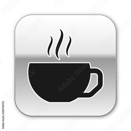 Black Coffee cup flat icon isolated on white background. Tea cup. Hot drink coffee. Silver square button. Vector Illustration