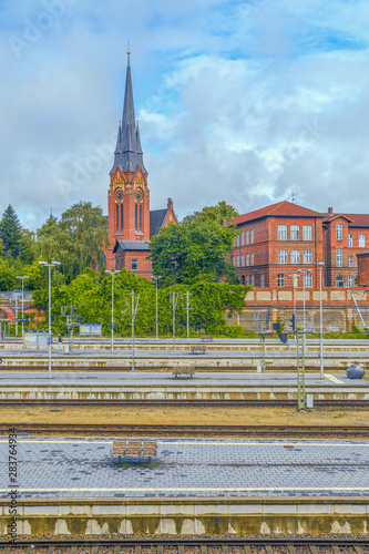View of Frauenwerk Lutheran Church from Luebeck train station.Luebeck.Germany