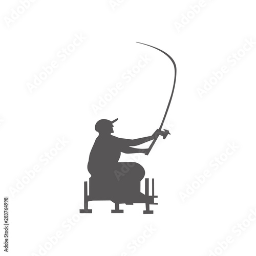 Silhouette of fisherman casting fishing rod isolated on white. Feeder logo, sign. Vector illustration.