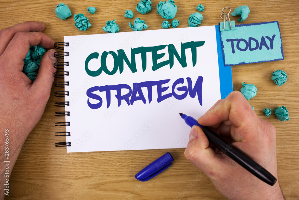 Writing note showing Content Strategy. Business photo showcasing Management Network Internet Website Marketing Plan Text two words blue white notepad blue marker hand crumbled blue paper Writing note showing Content Strategy. Business photo showcasing Management Network Internet Website Marketing Plan Text two words blue white notepad blue marker hand crumbled blue paper