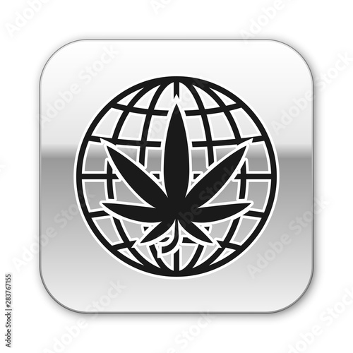 Black Legalize marijuana or cannabis globe symbol icon isolated on white background. Hemp symbol. Silver square button. Vector Illustration