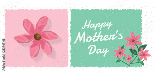 Happy Mother's day - vector illustration greeting card with pink blossom flowers and coral colors. Can be printed out or used for web banner or sent by e-mail.