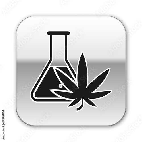 Black Chemical test tube with marijuana or cannabis leaf icon isolated on white background. Research concept. Laboratory CBD oil concept. Silver square button. Vector Illustration