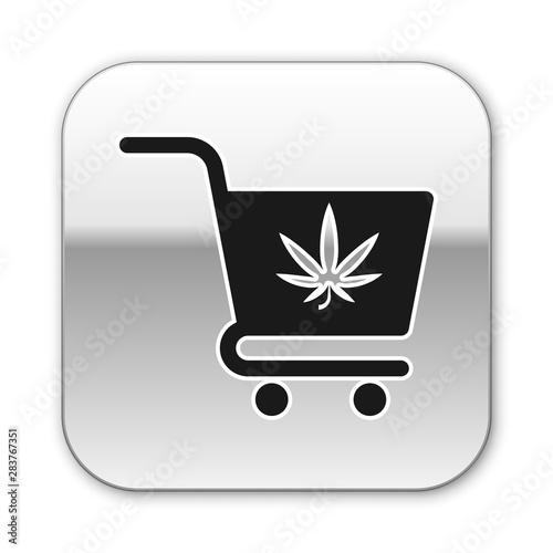 Black Shopping cart with marijuana or cannabis leaf icon isolated on white background. Online buying. Delivery service. Supermarket basket. Silver square button. Vector Illustration