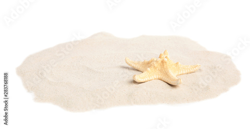 Pile of beach sand with beautiful starfish on white background
