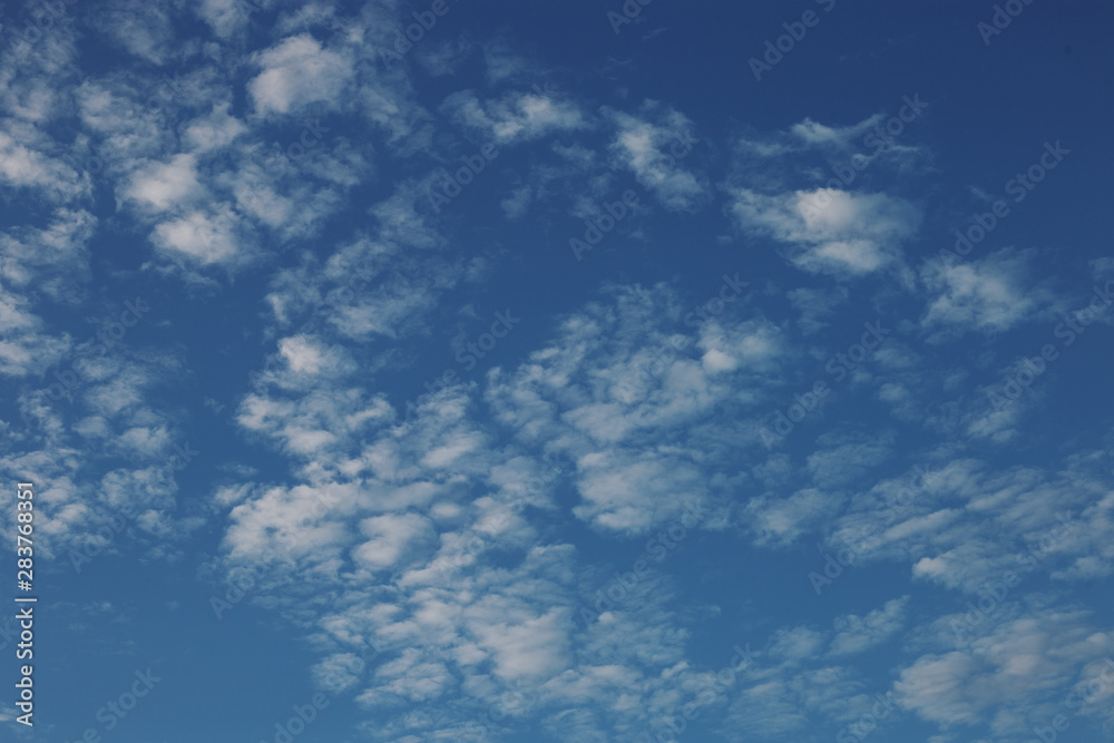 Cirrus cumulus clouds on a blue sky. Background blank texture.