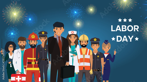 International Labor Day. People Group Different Occupation Set. Stewardess, Fireman, Police, Doctor, Nurse, Builder, Teacher. Vector illustration in a flat style 