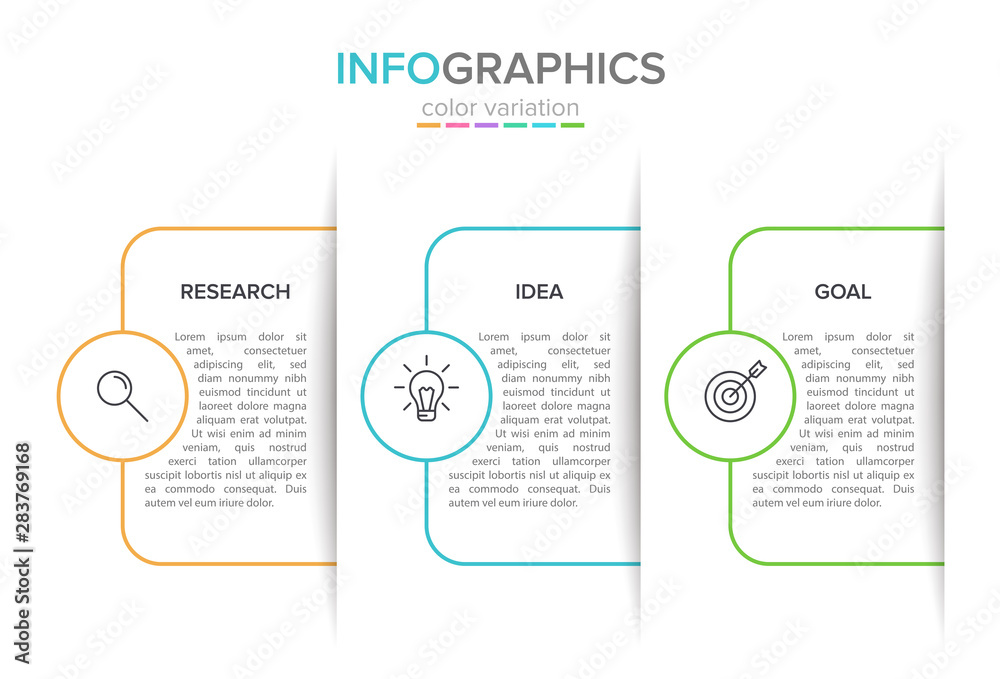 Concept of arrow business model with 3 successive steps. Three colorful rectangular elements. Timeline design for brochure, presentation. Infographic design layout.