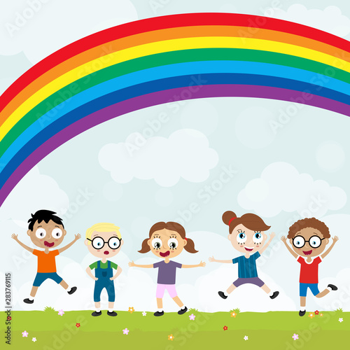 summer time happy kids having fun in front of rainbow
