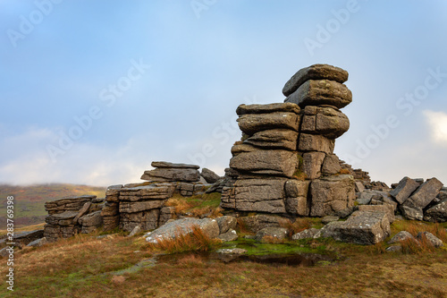 View of granite rock formation at great staple tor, dartmoor national park, Devon, England, UK