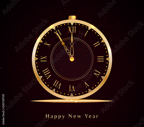 Happy New Year eve design with golden vintage clock and text isolated on black background with glitter light. Holiday web banner, poster, greeting card or invitation, end of year template