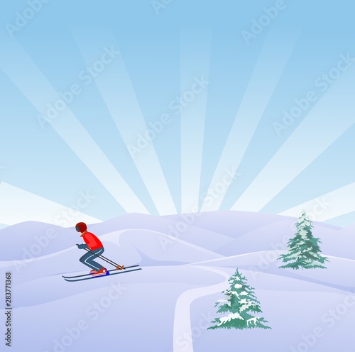 Winter extreme sports and recreation scene, skiers in the mountains, vector