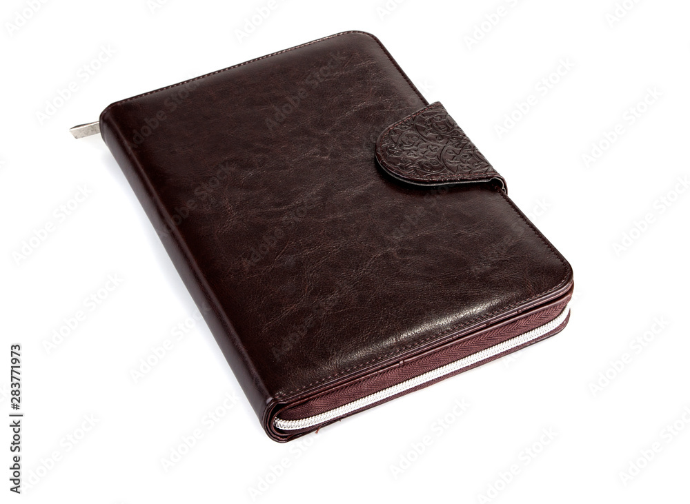 Brown leather notebook on a white background Brown leather notebook on a white background