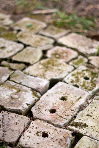 Old brick paving background closeup. Vintage brick texture