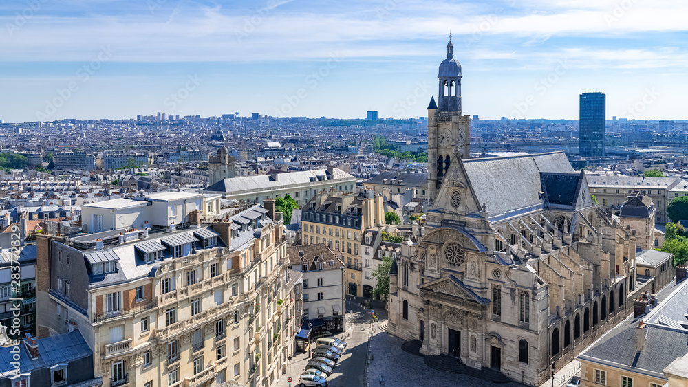Paris, cityscape, view of the Saint-Etienne-du-Mont church, typical roofs, aerial view from the Pantheon