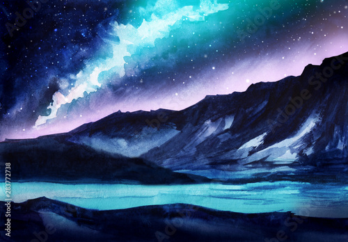 Night landscape. Dark silhouettes of mountains. Starry sky with northern lights. Milky Way. Pink and blue rays. The surface of the water or lake. Mystical place. Hand-drawn watercolor illustration