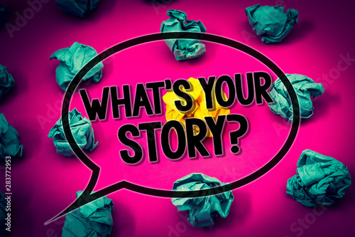 Handwriting text What'S Your Story Question. Concept meaning Connect Communicate Connectivity Connection Huge emerald paper lobs surroundes yellow paper ball magenta color floor photo