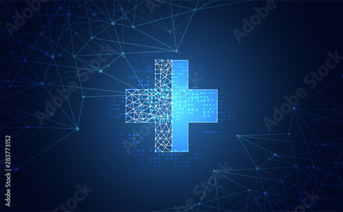 Abstract health science consist health plus digital technology concept  modern medical technology,Treatment,medicine on hi tech future blue background. for template, web design or presentation.