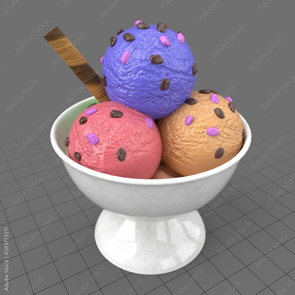 Stylized ice cream scoops in bowl contenido 3D de Stock Adobe Stock