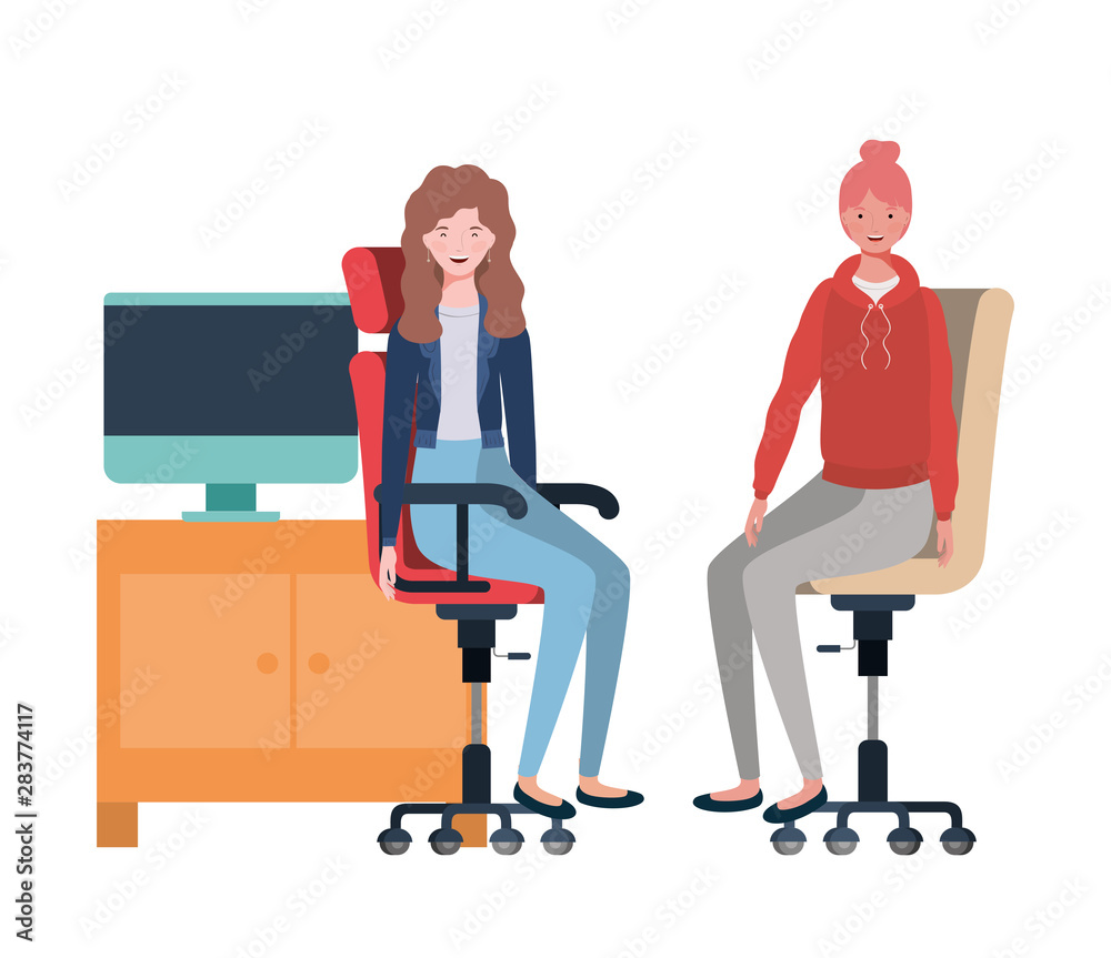 women sitting in the work office with white background