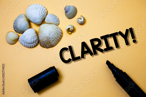 Conceptual hand writing showing Clarity. Business photo text Certainty Precision Purity Comprehensibility Transparency Accuracy Yellow background shadow open marker shells beach memory memories photo