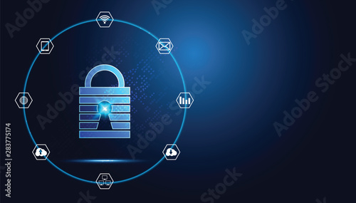 Abstract technology cyber security privacy icon information network concept padlock protection digital network internet link on hi tech blue future background