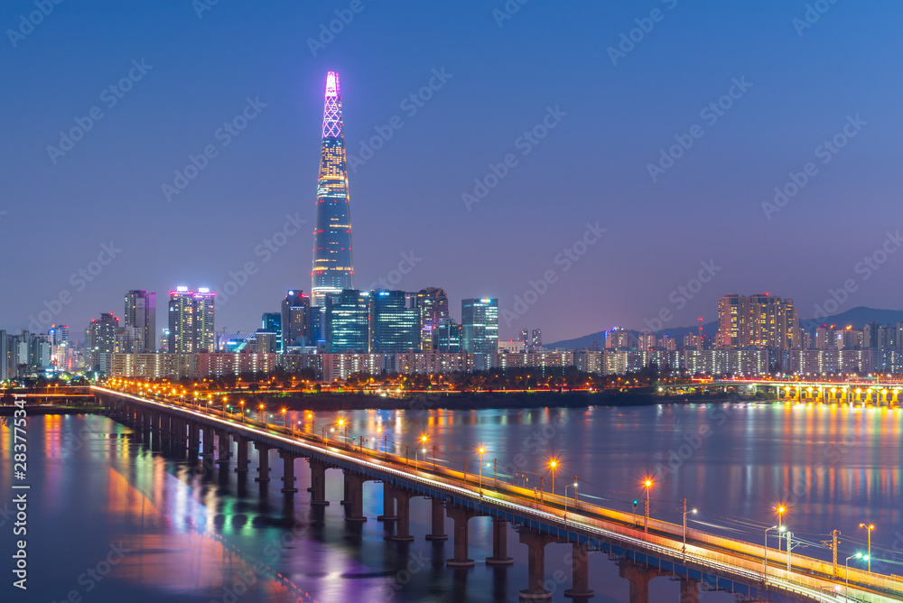 Seoul Subway and Lotte Tower at Night, South korea