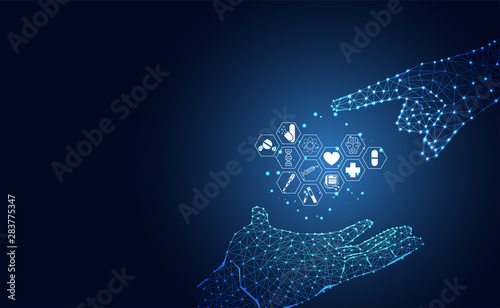 abstract low poly futuristic wireframe concept hand digital and health icon on blue background for template, web design or presentation.Vector Illustration.