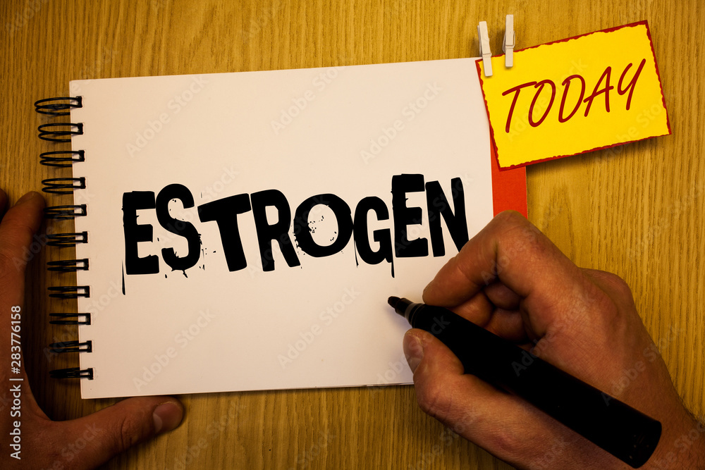 Handwriting text writing Estrogen. Concept meaning Group of hormones promote the development of female characteristics Man hold holding black marker notebook clothespin today wooden table Handwriting text writing Estrogen. Concept meaning Group of hormones promote the development of female characteristics Man hold holding black marker notebook clothespin today wooden table