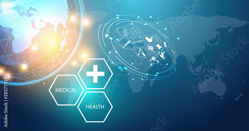 Abstract world health science consist health plus digital technology concept modern medical technology,Treatment,medicine on hi tech future blue background. photo