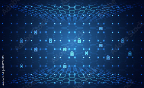 Abstract technology cyber security privacy information network concept padlock protection digital network internet link on hi tech blue future background