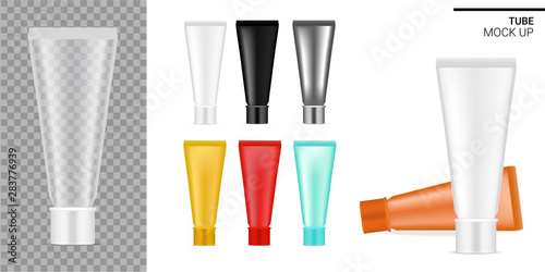Tube Mock up Realistic Transparent, Black and White Cosmetic or Sauce Food. Health care and Medical Product Packaging for Cream, Serum, Oil or Lips Balm Template Set for Skincare. Background Vector