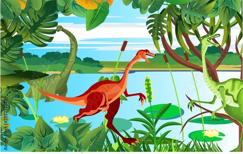 T rex raptor dinosaurs on the lake coast, prehistoric life scene, vector illustration