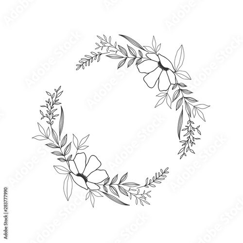 Hand drawn floral oval frame wreath on white background
