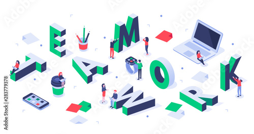 Isometric teamwork lettering. Creative team, business people partnership and successful people working together. Work team partnership, working cooperation togetherness vector illustration