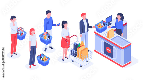 Isometric supermarket purchases. Buyers in line waiting, shoppers purchase and retail store cash register. Shopping together, shops retails clerks service or payment checkout vector illustration